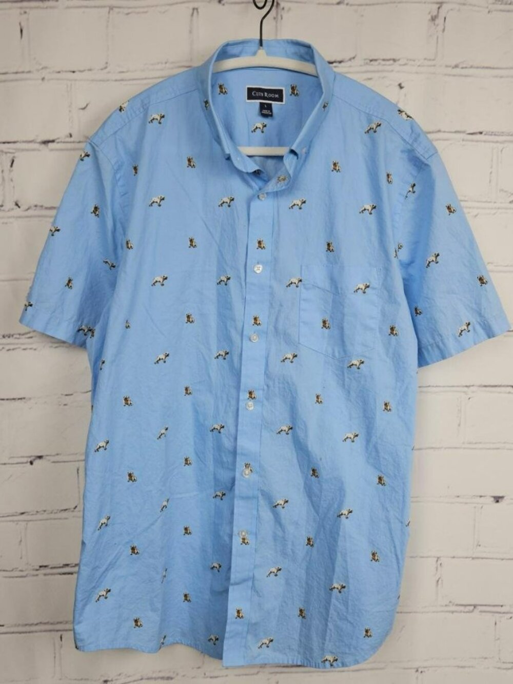 Club Room Bulldog Print Short Sleeve Button-Down Shirt Mens L Cotton Beachy Dogs